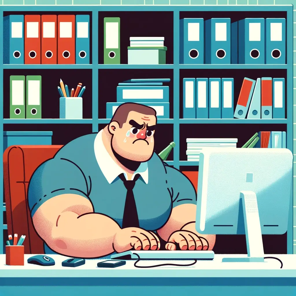 DALL·E 2024-05-25 00.37.12 - A cartoon character, resembling a large, muscular man, working hard on a computer and looking worried. The character should be in an office environmen DALL·E 2024-05-25 00.37.12 - A cartoon character, resembling a large, muscular man, working hard on a computer and looking worried. The character should be in an office environmen